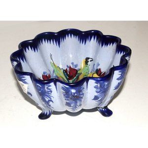 Vestal Alcobaca Portugal Pottery Footed  Bowl Hand Painted Flowers Beautiful